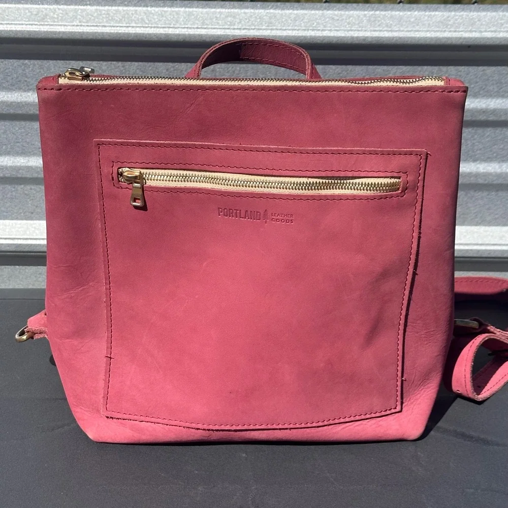 Portland Leather Goods Pink Leather Backpack Zip Top Medium Bag Brass Hardware